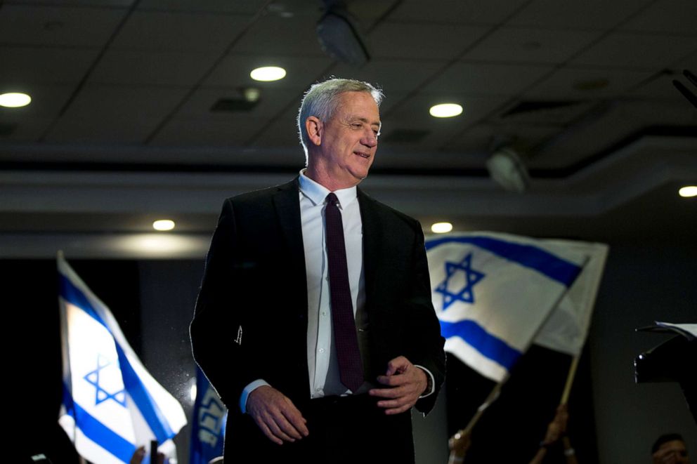 Retired Israeli general Benny Gantz, one of the leaders of the Blue and White party, prepares to deliver a speech during election campaigning for elections, March 27, 2019, in Ramat Gan, Israel.