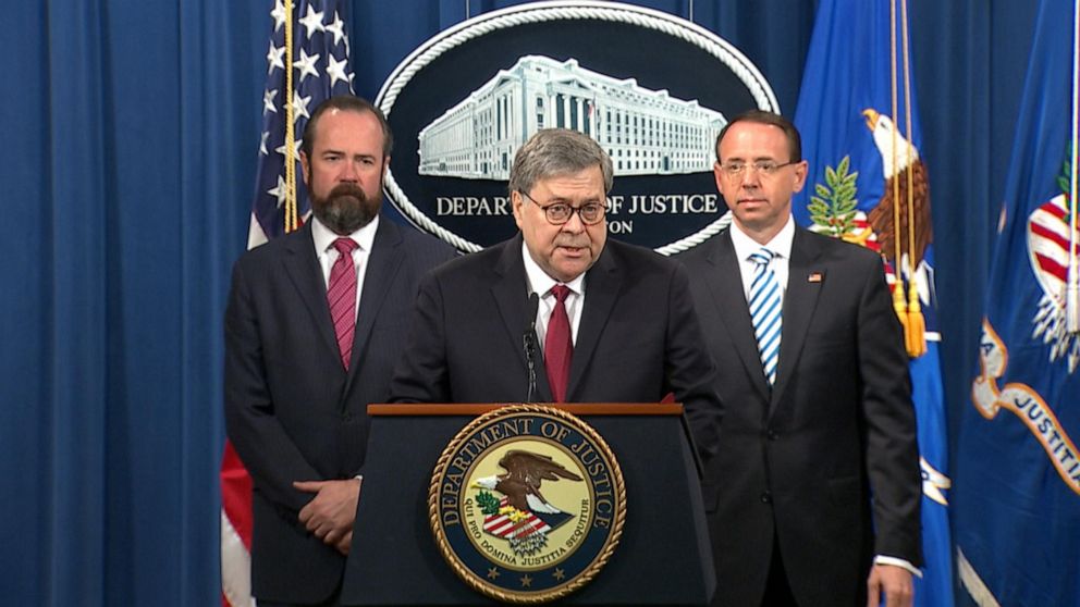 Attorney General William Barr speaks to the press from the Department of Justice, April 18, 2019.