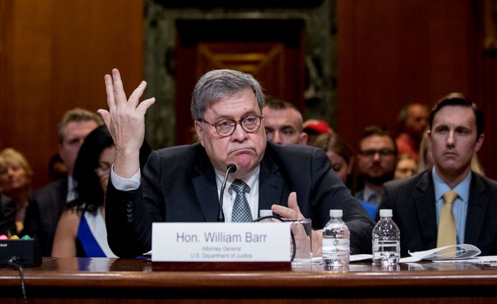 Attorney General William Barr gestures as he appears before a Senate Appropriations subcommittee to make his Justice Department budget request, April 10, 2019, in Washington.