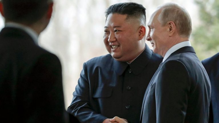 Kim Jong Un, Vladimir Putin share warm greeting at start of historic summit