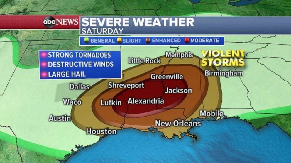 Strong tornadoes, destructive winds and large hail are all possible from eastern Texas through Louisiana and Mississippi.