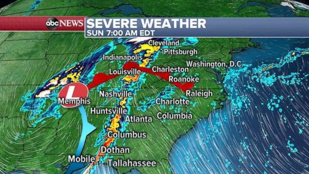 The line of storms will stretch from the Gulf of Mexico all the way north to Ohio on Sunday morning.