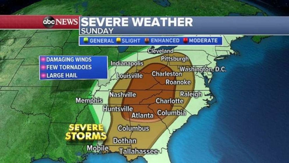 The threat for severe weather moves into the Appalachians on Sunday.