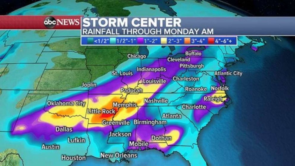 The heaviest rainfall totals will be in Arkansas, northern Mississippi and western Tennessee through Monday.