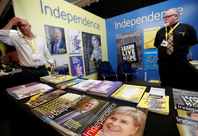 Magazines are laid out in the Exhibition Hall at the Scottish National Party (SNP) conference in Edinburgh