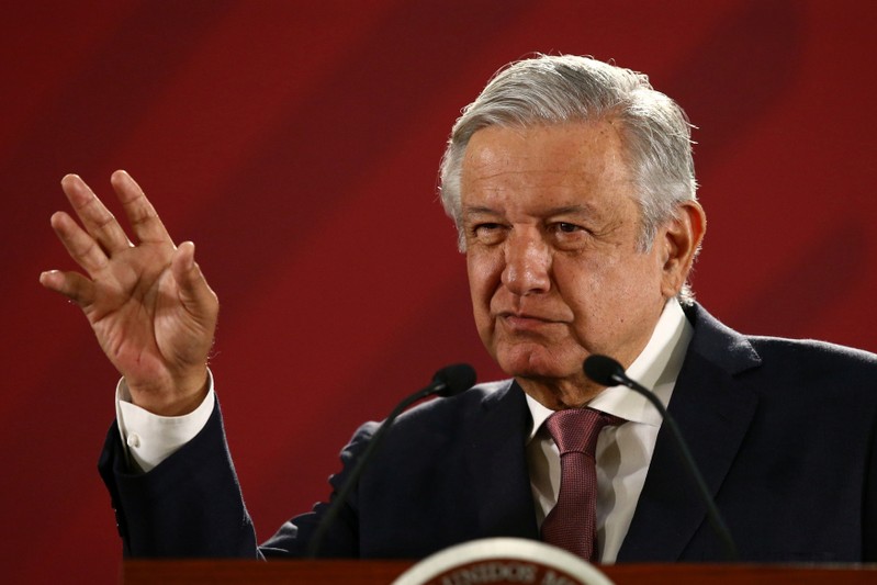 Mexico's President Lopez gestures during a news conference at the National Palace in Mexico City