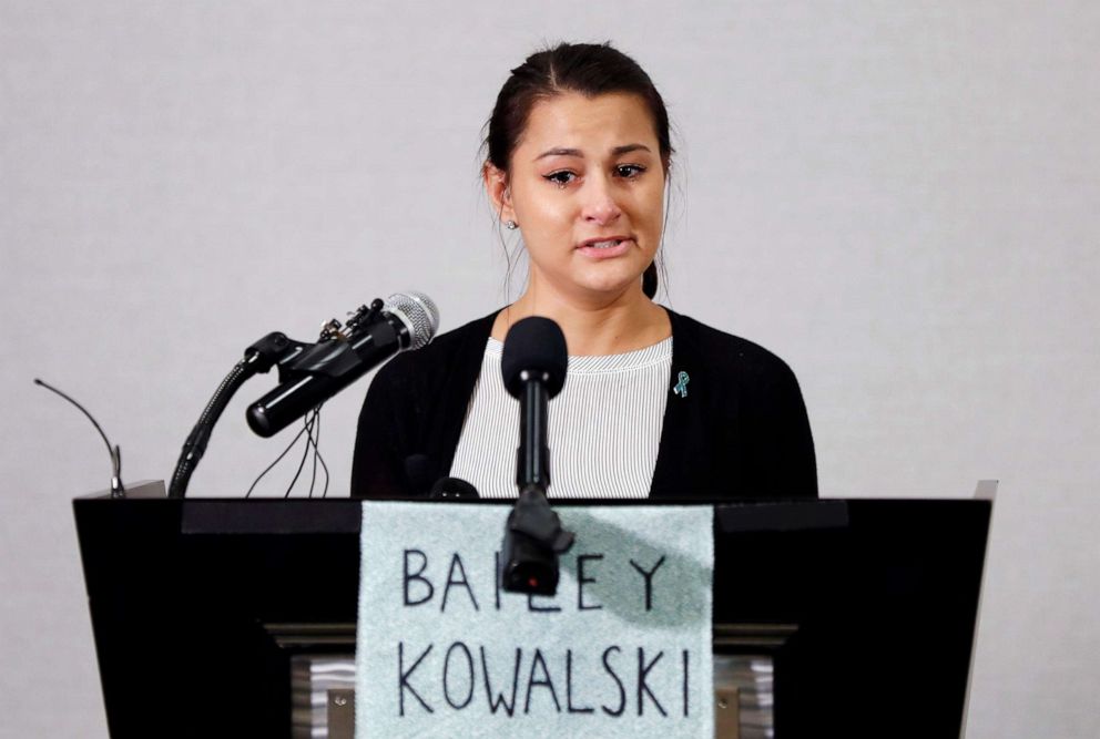 Bailey Kowalski speaks during a news conference in East Lansing, Mich., Thursday, April 11, 2019.