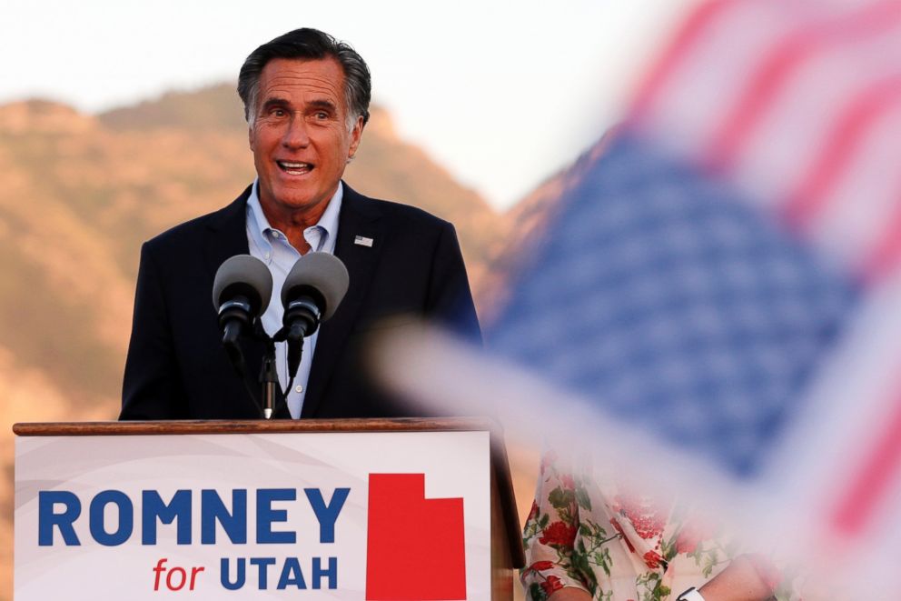 In this Tuesday, June 26, 2018 file photo, Mitt Romney, former GOP presidential nominee, addresses supporters at during an election night party in Orem, Utah.