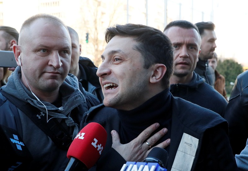FILE PHOTO: Ukrainian presidential candidate and comedian Volodymyr Zelenskiy speaks with journalists before undergoing a drugs and alcohol test in Kiev