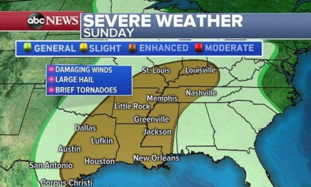 Severe weather is expected Sunday throughout much of the South and Midwest.