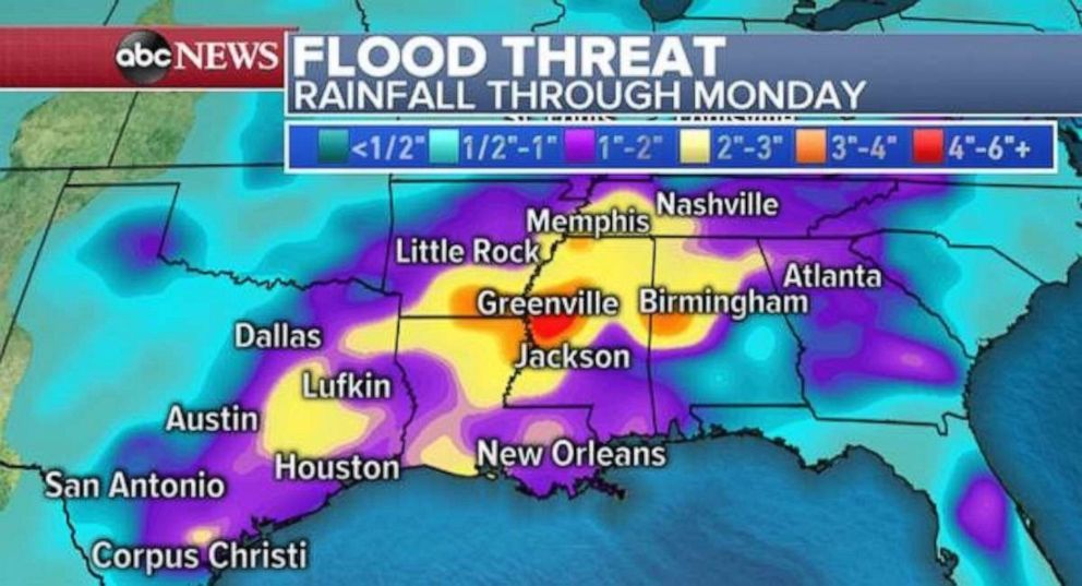 Flooding will threaten the South through Monday.