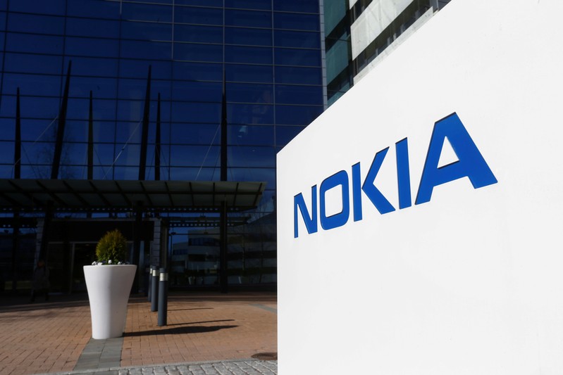 FILE PHOTO: A Nokia logo is seen at the company's headquarters in Espoo