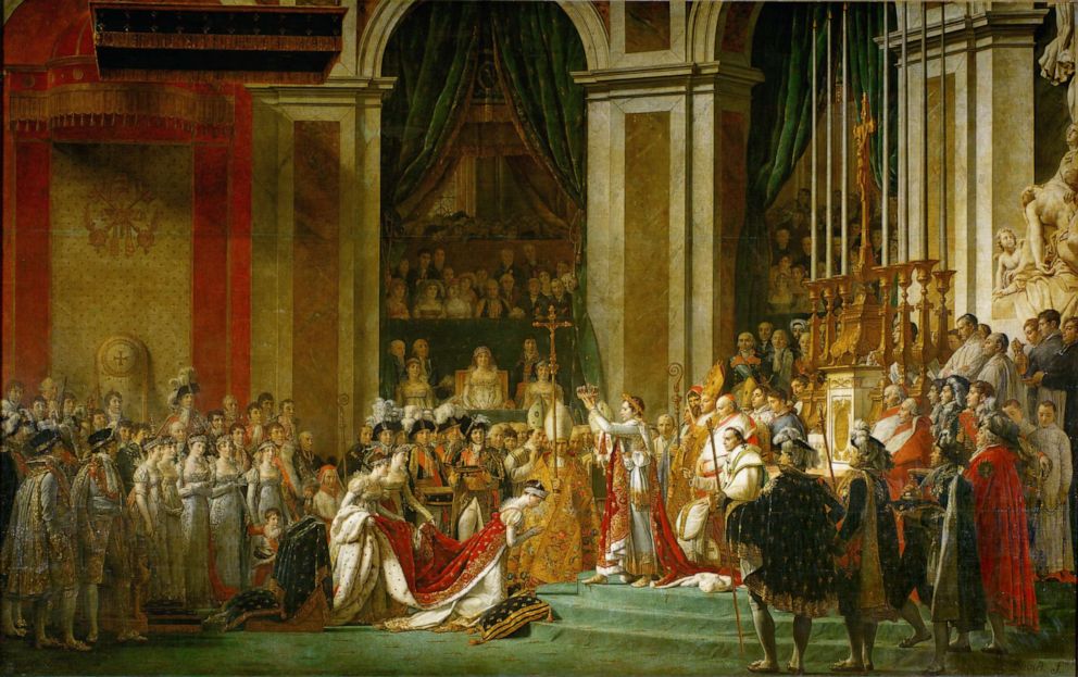 A painting by Jacques Louis David, 1748-1825, depicts the coronation of Napoleon as the Emperor of the French in Notre Dame Cathedral in Paris on Dec. 2, 1804.