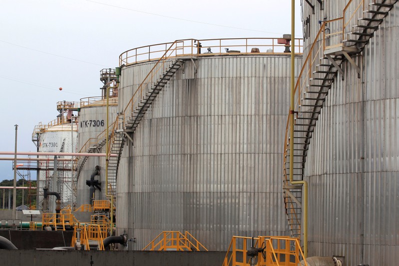 FILE PHOTO: Storage tanks are seen at Ecopetrol's Castilla oil rig platform, in Castilla La Nueva