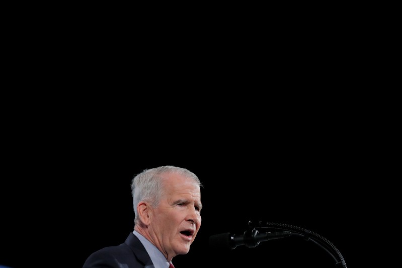 NRA President Lt Col Oliver North addresses the 148th National Rifle Association (NRA) annual meeting in Indianapolis, Indiana