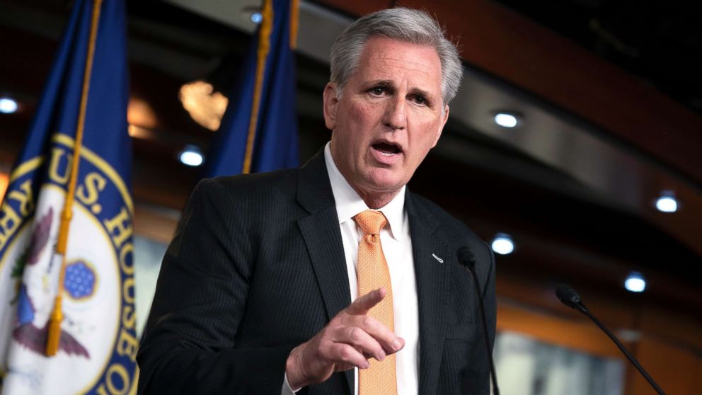 House Minority Leader Kevin McCarthy meets with reporters on Capitol Hill in Washington Feb. 28, 2019.