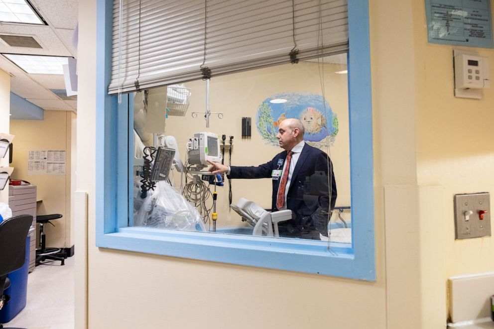 Dr. John Marshall, the Chairman of the Emergency department of the Maimonides Medical Center, looks at equipment in the isolation room serving children from Ultra-Orthodox communities, a day after New York City declared a public health emergency amid a measles outbreak on April 10th, 2019.