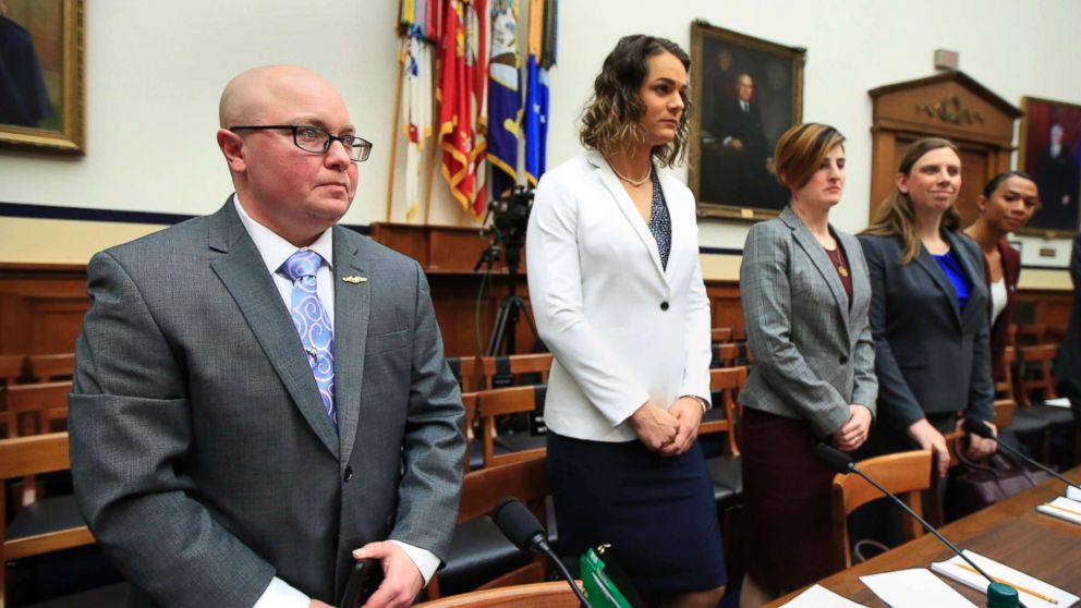 From left, transgender military members Navy Lt. Cmdr. Blake Dremann, Army Capt. Alivia Stehlik, Army Capt. Jennifer Peace, Army Staff Sgt. Patricia King and Navy Petty Officer Third Class Akira Wyatt, attend a House Armed Services Subcommittee on Military Personnel hearing on Capitol Hill, Feb. 27, 2019.