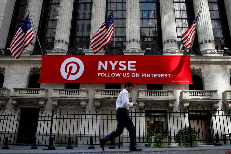 FILE PHOTO: A Pinterest banner hangs on the facade of the NYSE in New York