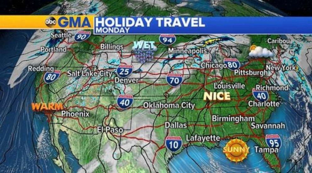 Holiday travel looks good across most of the country. The only concern is for some showers in the Northern Plains.