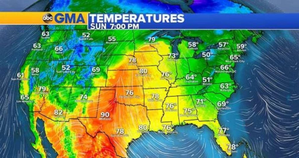 The warmest temperatures on Sunday will be in Texas and north into the Plains.