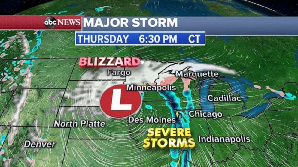 In addition to blizzard conditions in the Northern Plains, severe storms will move through Illinois and Indiana late Thursday.