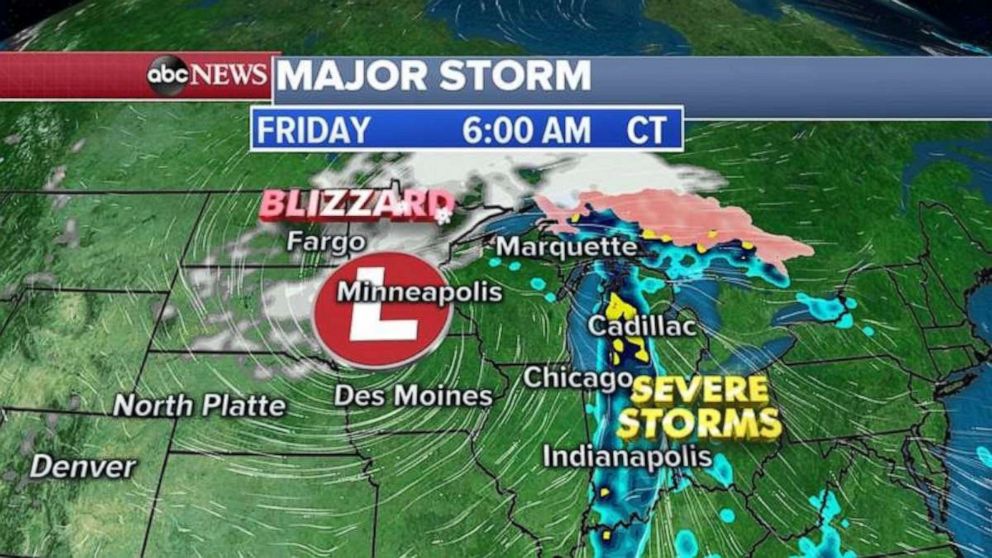 The storm will move over the Great Lakes by Friday morning.