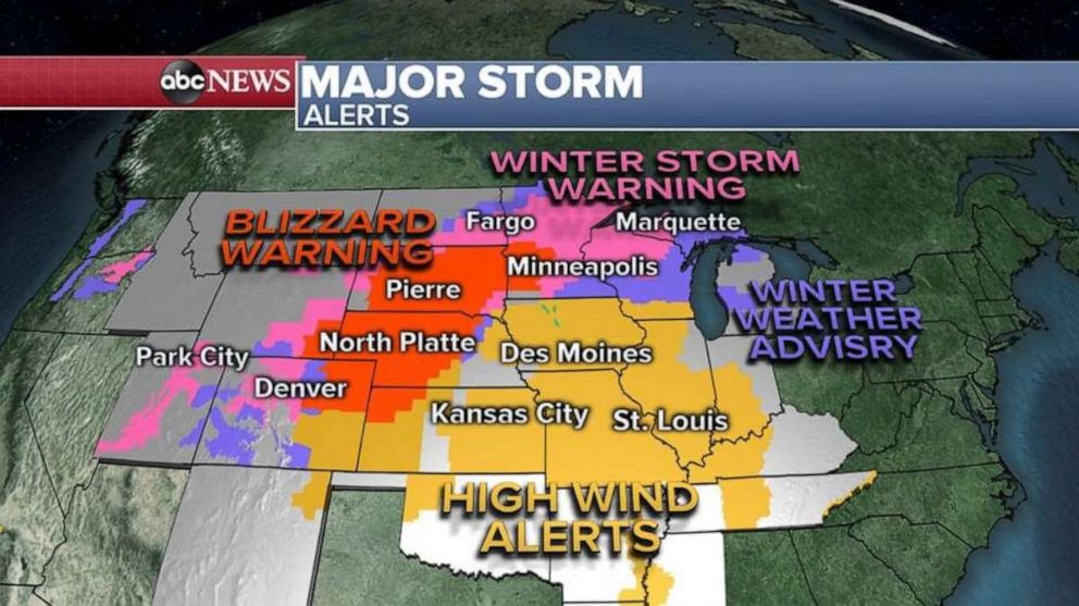 Storm alerts are in place across most of the central U.S. for snow and wind.