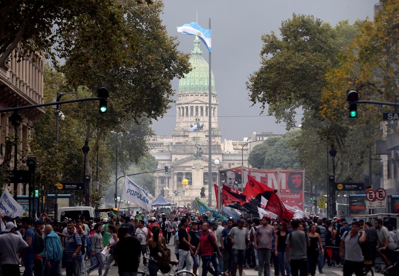 Argentine unions, small firms and activists gather outside Argentina's Congress to demand changes in President Mauricio Macri's economic policies, in Buenos Aires