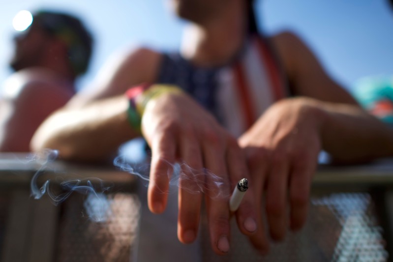 A man smokes while watching Smallpools perform on the third day of the Firefly Music Festival in Dover, Delaware U.S.