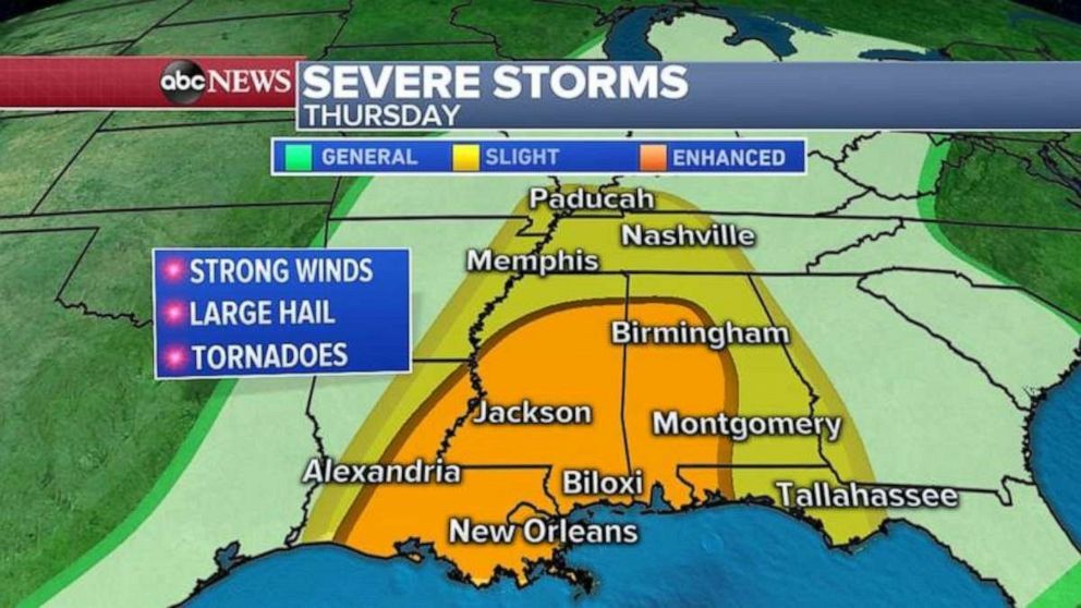 Strong winds, large hail and tornadoes are possible in the Deep South on Thursday.