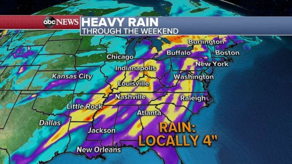 Parts of the South could see over 4 inches of rain locally.