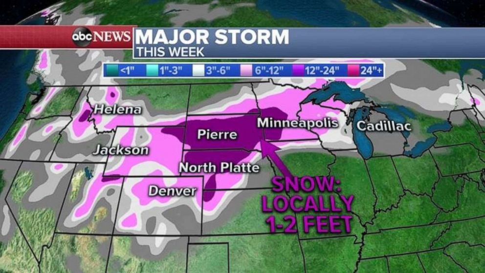 Parts of the upper Midwest could see up to 2 feet of snow this week.