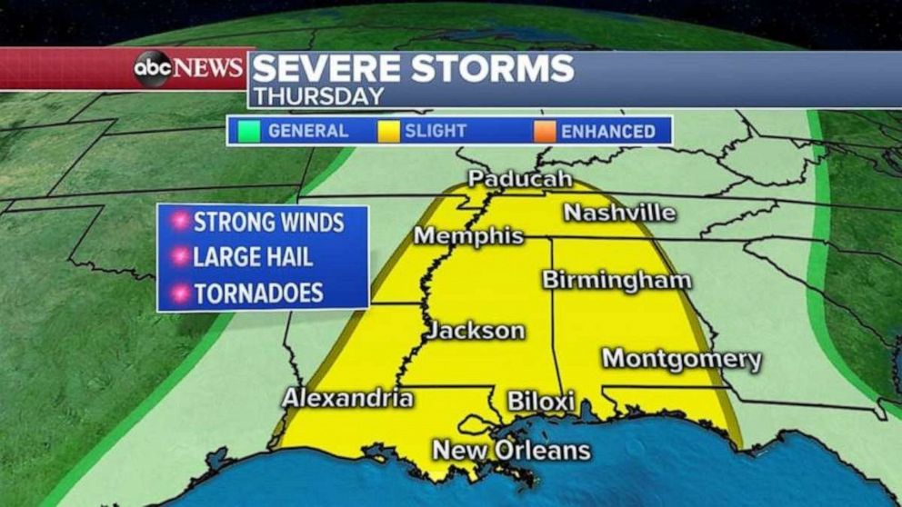 Severe weather in the South should continue on Thursday.