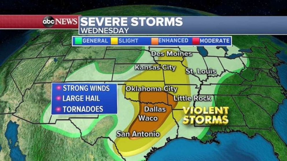 Severe weather on Wednesday will stretch across most of the central U.S.