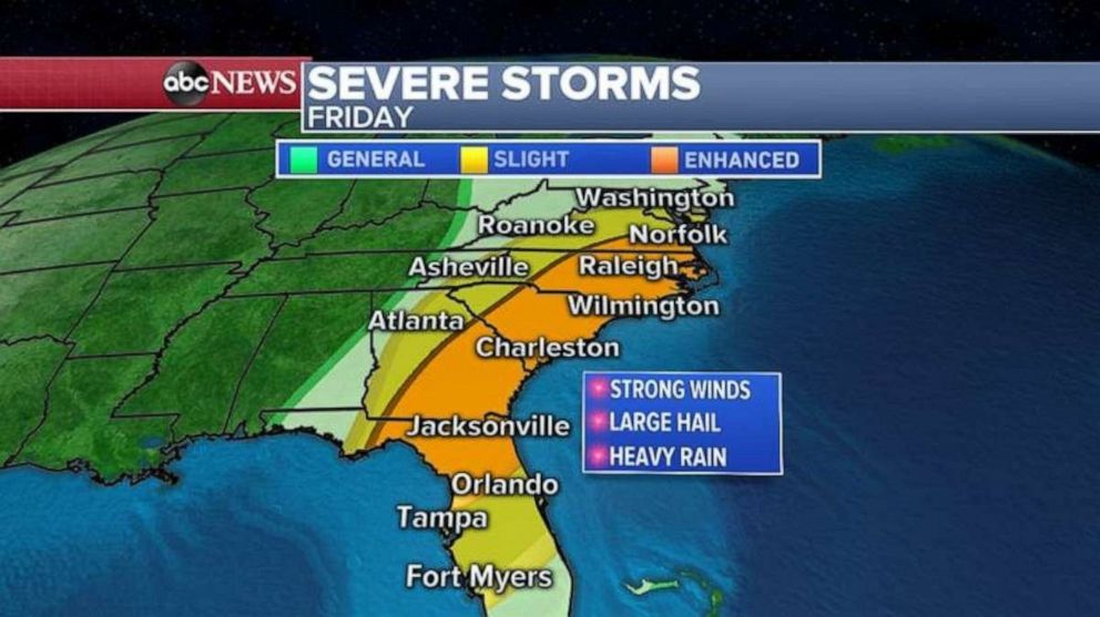 The threat for severe weather moves to the Southeast on Friday.