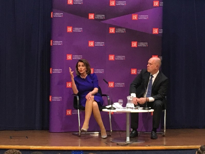 U.S. Speaker of the House of the Representative Nancy Pelosi speaks at the London School of Economics in London