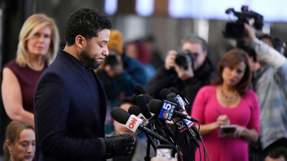 Actor Jussie Smollett talks to the media before leaving Cook County Court after his charges were dropped, March 26, 2019, in Chicago.