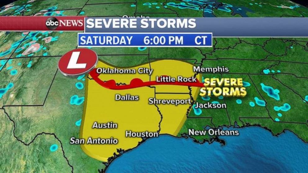 The severe weather threat expands to eastern Texas, southern Oklahoma, and parts of Arkansas and Louisiana on Saturday.