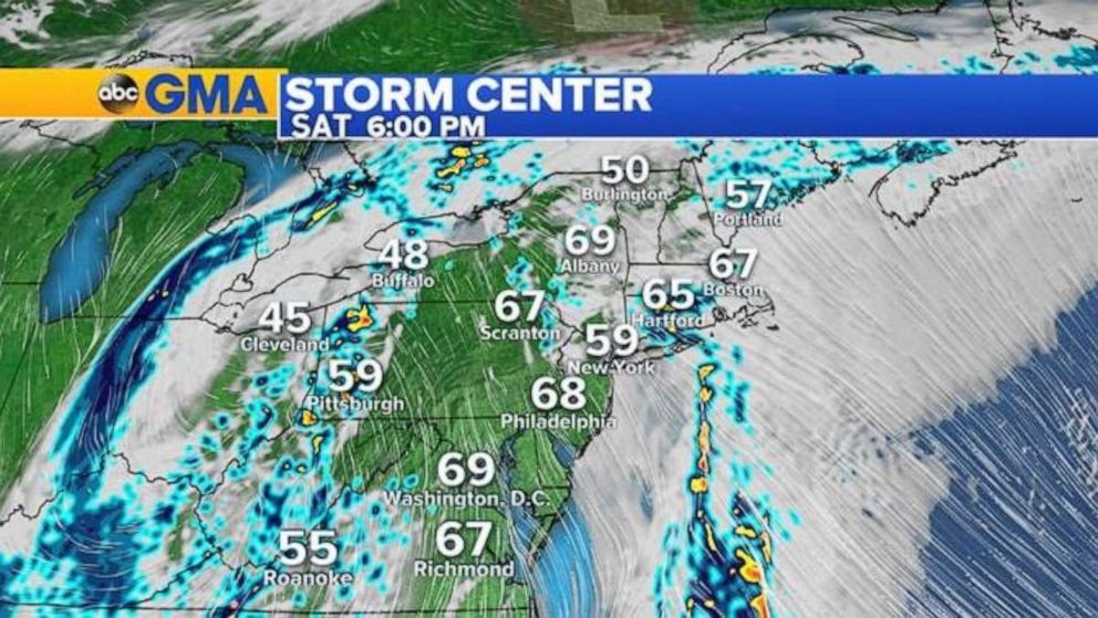 The storms will move off the East Coast by Saturday night.