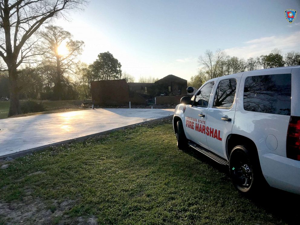 A Louisiana State Fire Marshall vehicle is seen outside the fire-destroyed St. Mary Baptist Church in Port Barre, Louisiana, March 26, 2019, in this picture obtained from social media.