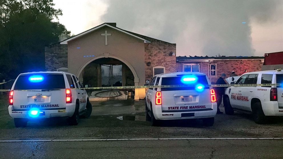 Louisiana State Fire Marshall vehicles are seen outside the Greater Union Baptist Church during a fire, in Opelousas, Louisiana, April 2, 2019, in this picture obtained from social media.