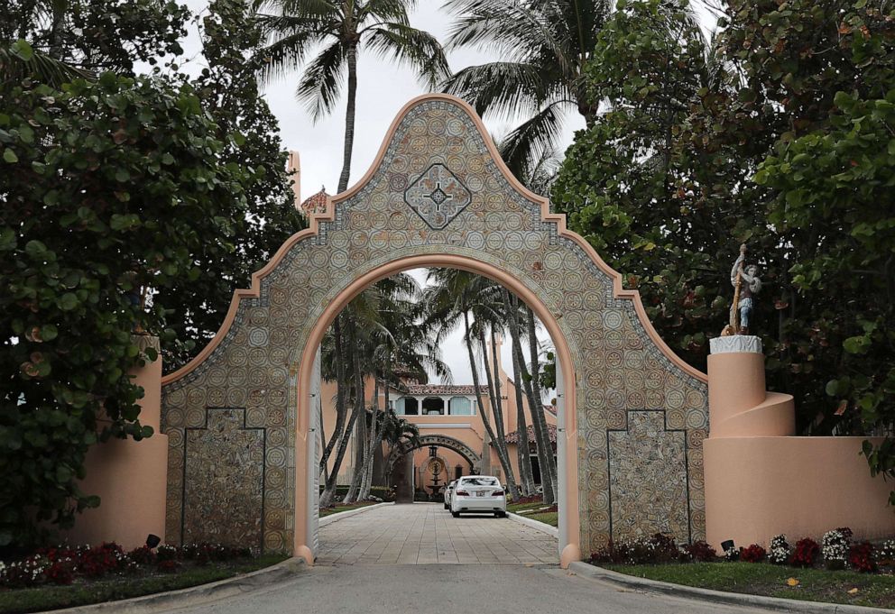 An entranceway to President Donald Trump's Mar-a-Lago resort is seen on April 03, 2019, in West Palm Beach, Fla.