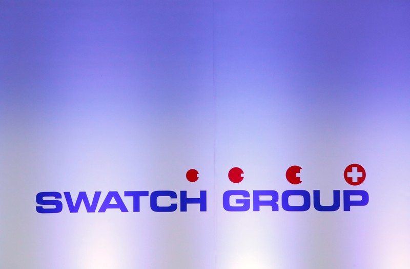 FILE PHOTO: A logo of Swiss watchmaker Swatch Group is pictured during the annual news conference in Biell