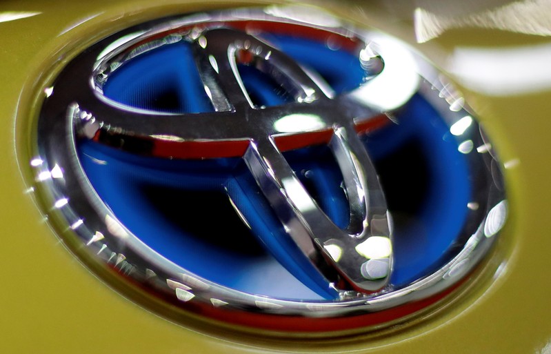 The logo of Toyota is seen on a car during the Prague Autoshow in Prague