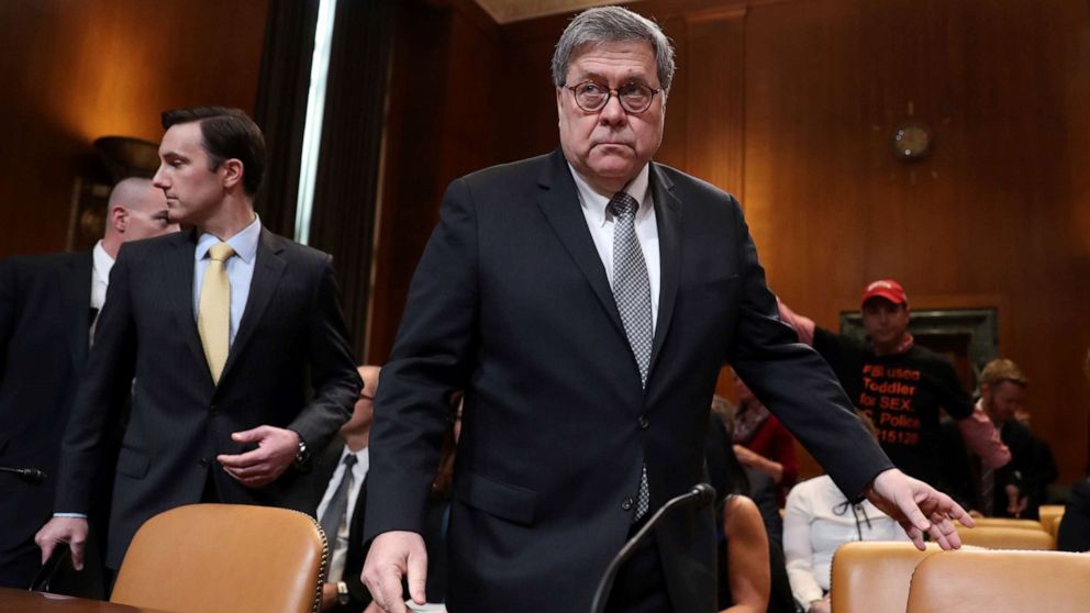 Attorney General William Barr arrives to appear before a Senate Appropriations subcommittee to make his Justice Department budget request, April 10, 2019, in Washington.
