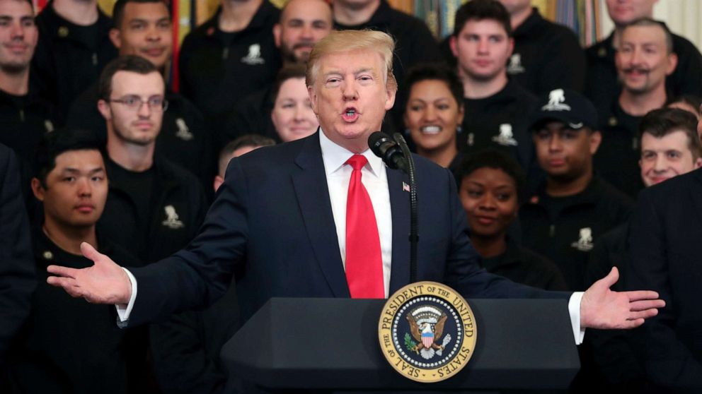 President Donald Trump speaks at a Wounded Warrior Project Soldier Ride event in the East Room of the White House, April 18, 2019.