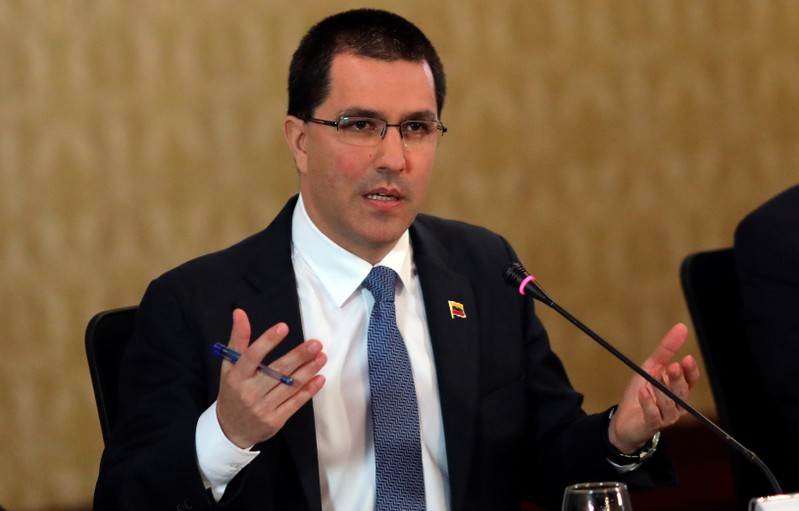 Venezuela's Foreign Affairs Minister Jorge Arreaza talks to the media during a news conference in Caracas