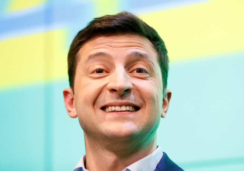 FILE PHOTO: Ukrainian presidential candidate Zelenskiy reacts during a news conference in Kiev