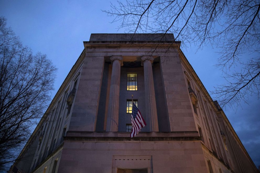 The Department of Justice stands in the early hours of March 22, 2019 in Washington, D.C.